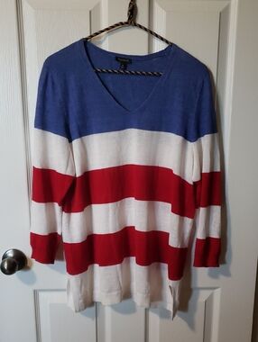 Talbots Red, White & Blue Striped V-Neck Sweater